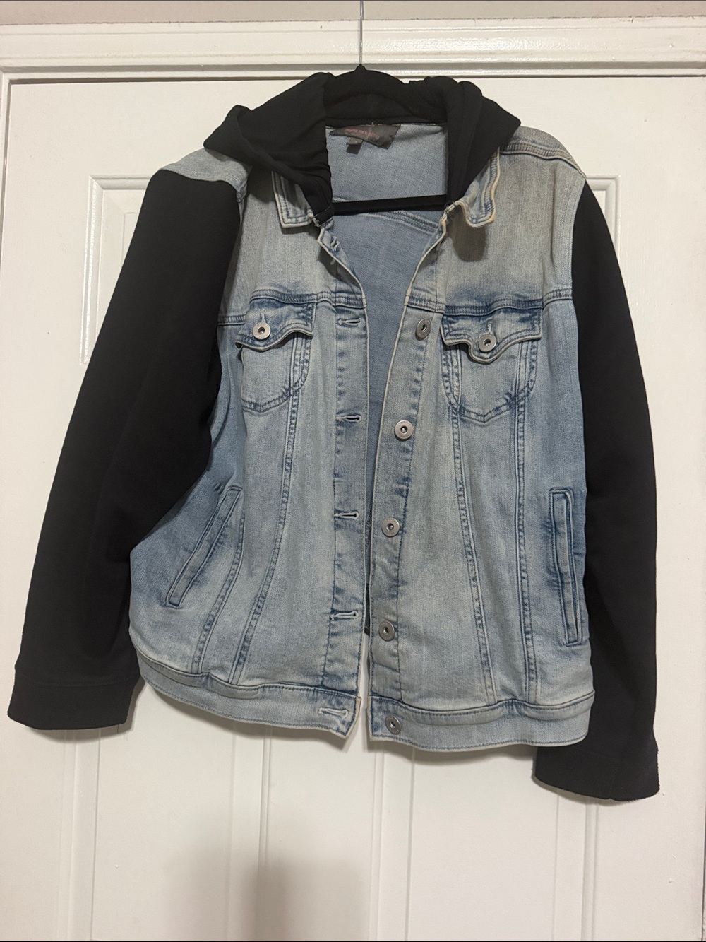 torrid Light Blue Denim Jacket with Black Hood and Sleeves